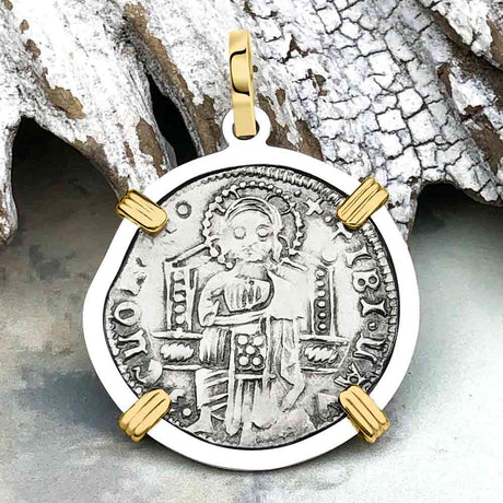 Venetian Jesus Christ Glory, Devotion & Courage Silver 1390 Grosso Coin 14K Gold and Sterling Silver Pendant