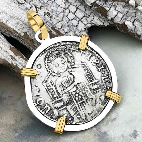 Venetian Jesus Christ Glory, Devotion & Courage Silver 1390 Grosso Coin 14K Gold and Sterling Silver Pendant