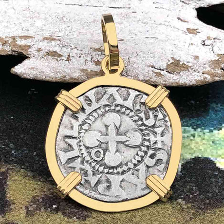 Templar Knights Era French Healing Angel Silver Denier 14K Gold Pendant