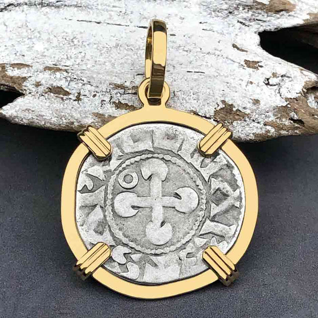 Templar Knights Era French Healing Angel Silver Denier 14K Gold Pendant