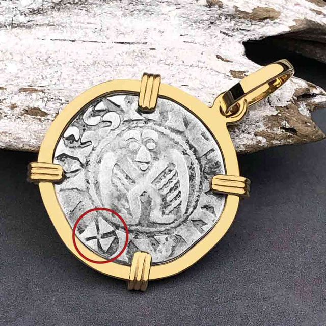 Templar Knights Era French Healing Angel Silver Denier 14K Gold Pendant