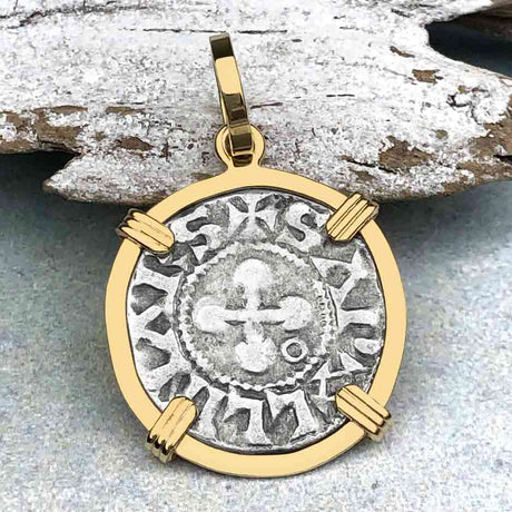 Templar Knights Era French Healing Angel Silver Denier 14K Gold Pendant