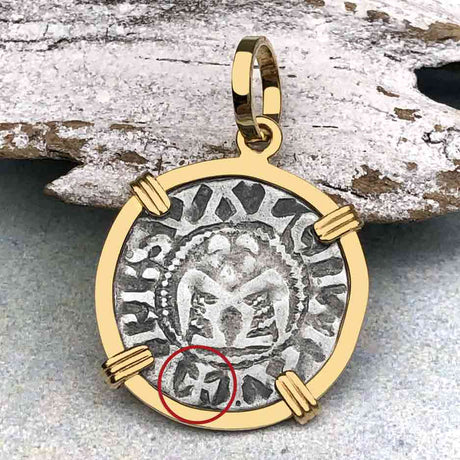 Templar Knights Era French Healing Angel Silver Denier 14K Gold Pendant