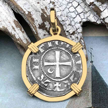 Templar Knights Era Antioch Crusader Medieval Silver Denier - Helmet Head - Coin of the Crusades 14K Gold Pendant