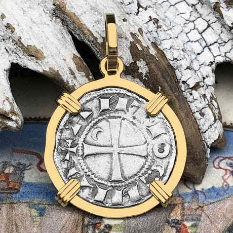 Templar Knights Era Antioch Crusader Medieval Silver Denier - Helmet Head - Coin of the Crusades 14K Gold Pendant