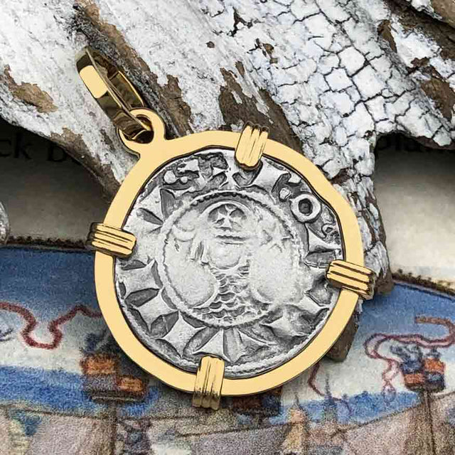 Templar Knights Era Antioch Crusader Medieval Silver Denier - Helmet Head - Coin of the Crusades 14K Gold Pendant