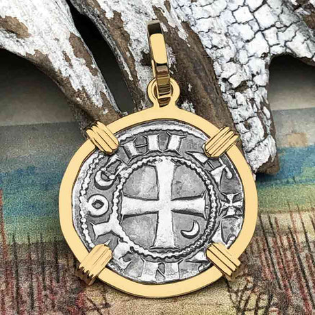 Templar Knights Era Antioch Crusader Medieval Silver Denier - Helmet Head - Coin of the Crusades 14K Gold Pendant