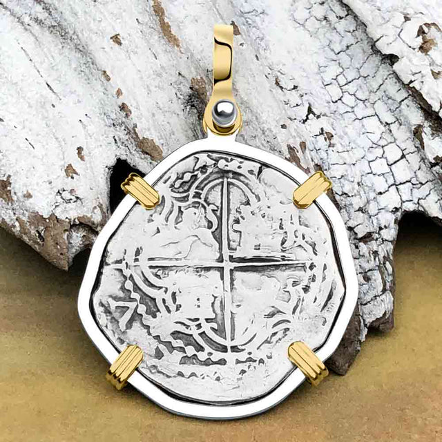 Atocha Era Buried Spanish 2 Reale Piece of Eight 14K Gold and Sterling Silver Pendant