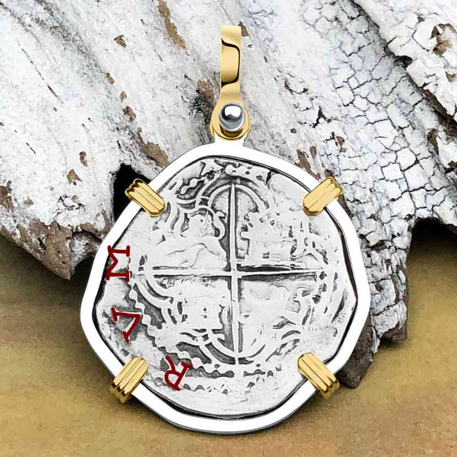 Atocha Era Buried Spanish 2 Reale Piece of Eight 14K Gold and Sterling Silver Pendant