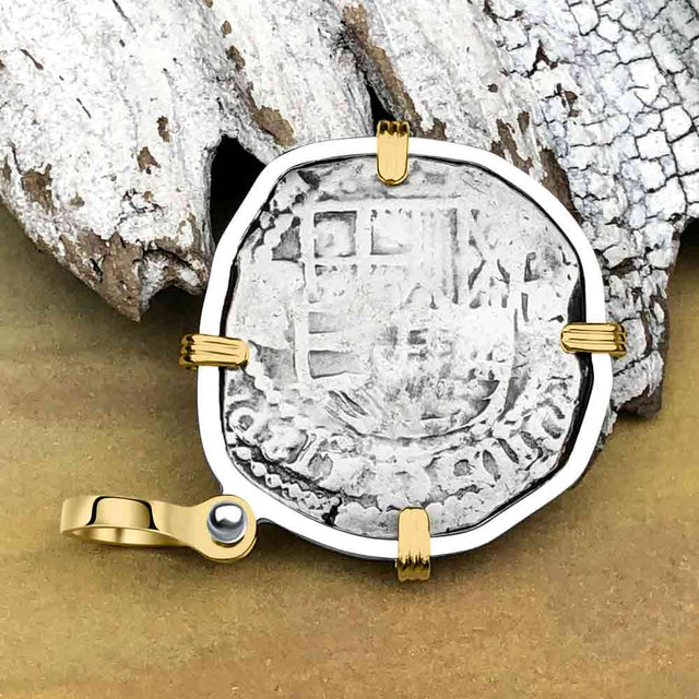 Atocha Era Buried Spanish 2 Reale Piece of Eight 14K Gold and Sterling Silver Pendant