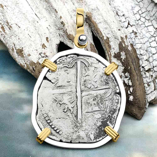 Atocha Era Buried Spanish 2 Reale Piece of Eight 14K Gold and Sterling Silver Pendant