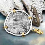 Atocha Era Buried Spanish 2 Reale Piece of Eight 14K Gold and Sterling Silver Pendant