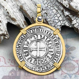 Templar Knights Era Medieval France Silver Gros Tournois circa 1290 Crusader Cross Coin 14K Gold Pendant