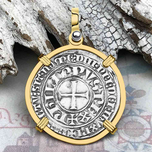 Templar Knights Era Medieval France Silver Gros Tournois circa 1290 Crusader Cross Coin 14K Gold Pendant