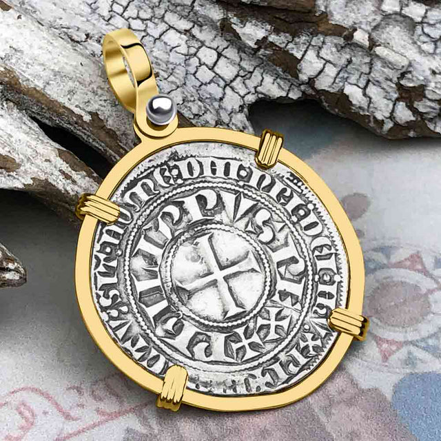 Templar Knights Era Medieval France Silver Gros Tournois circa 1290 Crusader Cross Coin 14K Gold Pendant