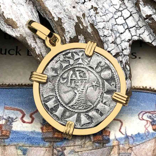 Templar Knights Era Antioch Crusader Medieval Silver Denier - Helmet Head - Coin of the Crusades 14K Gold Pendant
