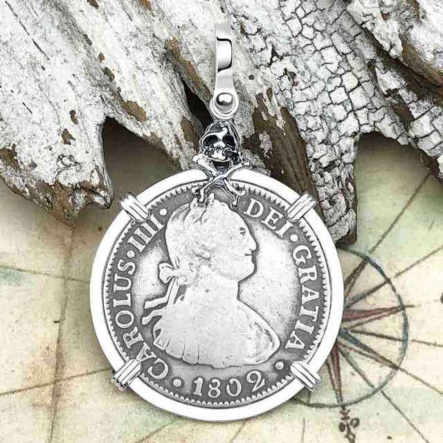 1802 Pirate Era Skull and Cross Bones Silver 2 Reale Spanish Portrait Piece of 8 Sterling Silver Pendant