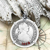1802 Pirate Era Skull and Cross Bones Silver 2 Reale Spanish Portrait Piece of 8 Sterling Silver Pendant