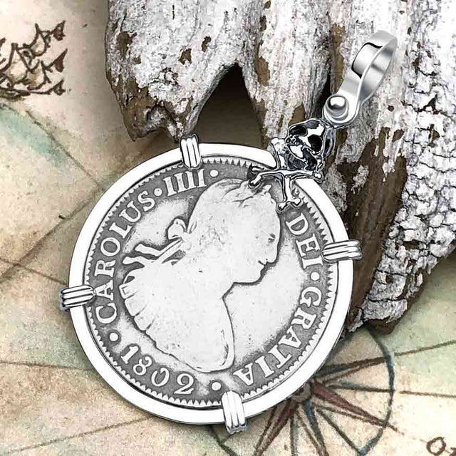 1802 Pirate Era Skull and Cross Bones Silver 2 Reale Spanish Portrait Piece of 8 Sterling Silver Pendant