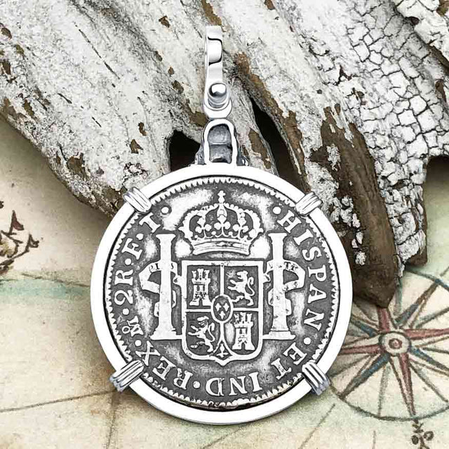 1802 Pirate Era Skull and Cross Bones Silver 2 Reale Spanish Portrait Piece of 8 Sterling Silver Pendant