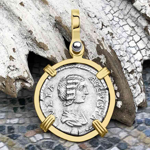 Roman Empire Silver Denarius Coin of Empress Julia Domna 196 AD 14K Gold Pendant