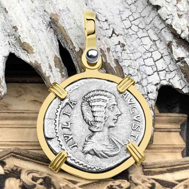 Roman Empire Silver Denarius Coin of Empress Julia Domna 196 AD 14K Gold Pendant | Artifact #5887