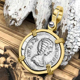 Roman Empire Silver Denarius Coin of Empress Julia Domna 196 AD 14K Gold Pendant | Artifact #5887