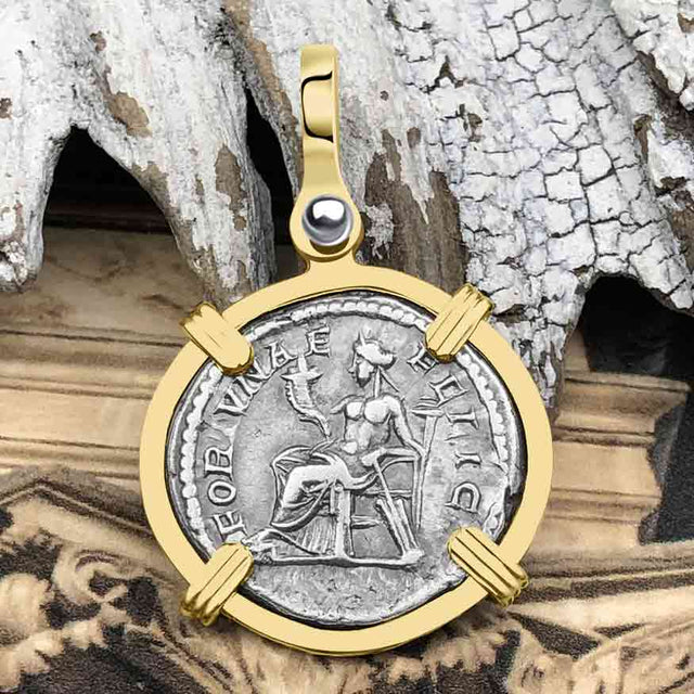 Roman Empire Silver Denarius Coin of Empress Julia Domna 196 AD 14K Gold Pendant | Artifact #5887