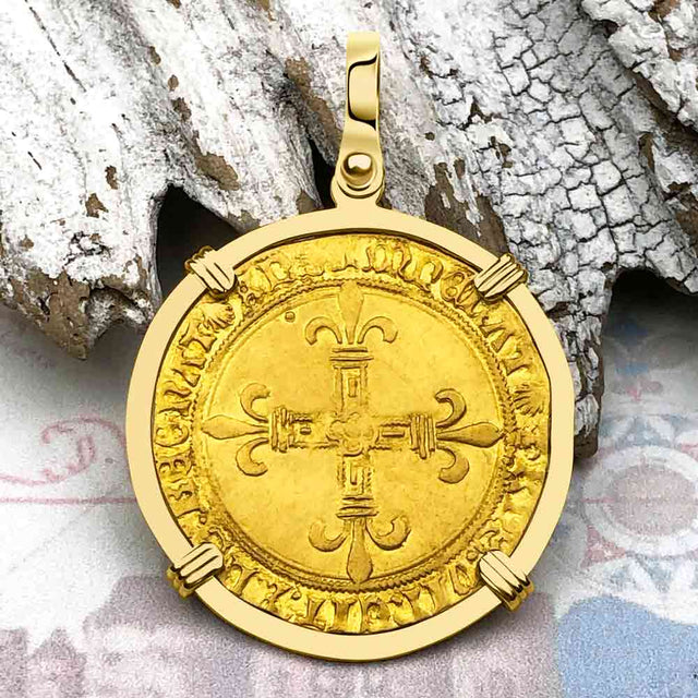 Medieval France Royal 22K Gold Ecu d'or Cross Coin Louis XII circa 1498 18K Gold Pendant