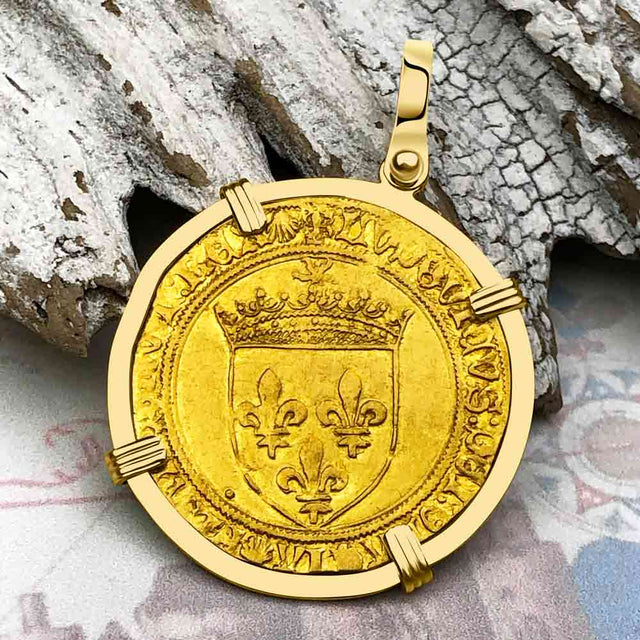 Medieval France Royal 22K Gold Ecu d'or Cross Coin Louis XII circa 1498 18K Gold Pendant