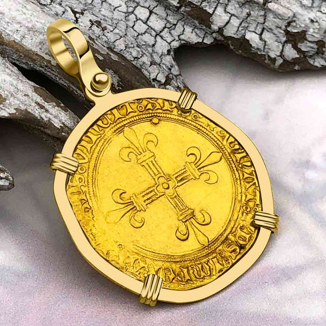 Medieval France Royal 22K Gold Ecu d'or au Soleil Cross Coin Charles VIII circa 1483 18K Gold Pendant