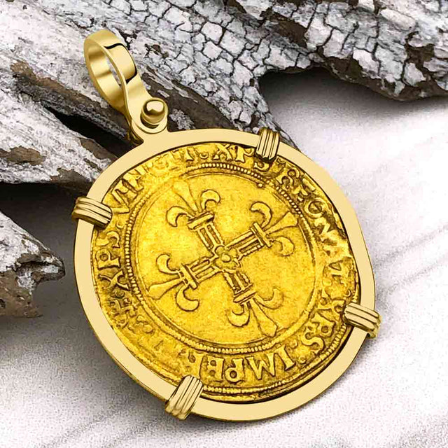 Medieval France Royal 22K Gold Ecu d'or Cross Coin Louis XII circa 1498 18K Gold Pendant