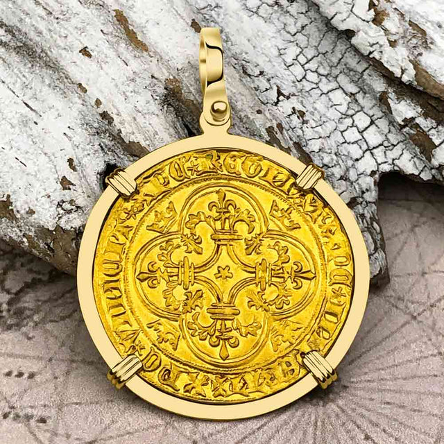Medieval France Royal 22K Gold Ecu d'or Cross Coin of Charles VI circa 1380 18K Gold Pendant