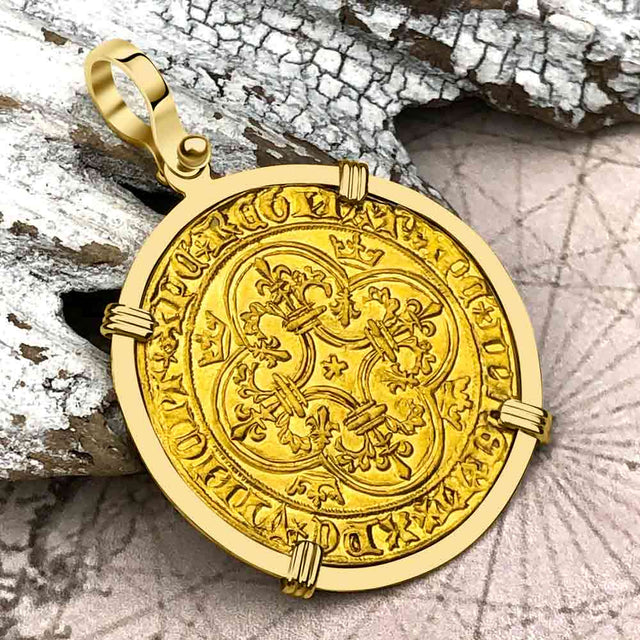 Medieval France Royal 22K Gold Ecu d'or Cross Coin of Charles VI circa 1380 18K Gold Pendant