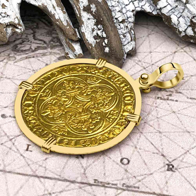 Medieval France Royal 22K Gold Ecu d'or Cross Coin of Charles VI circa 1380 18K Gold Pendant