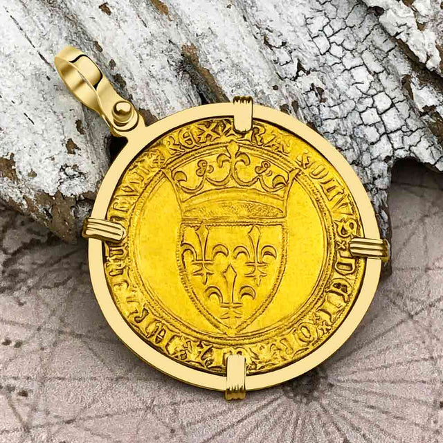 Medieval France Royal 22K Gold Ecu d'or Cross Coin of Charles VI circa 1380 18K Gold Pendant