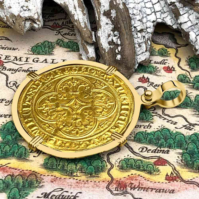 Medieval France Royal 22K Gold Ecu d'or Cross Coin of Charles VI circa 1380 18K Gold Pendant