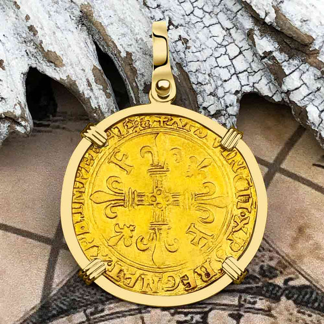 Medieval France Royal 22K Gold Ecu d'or au Soleil Cross Coin Francis I circa 1515 18K Gold Pendant