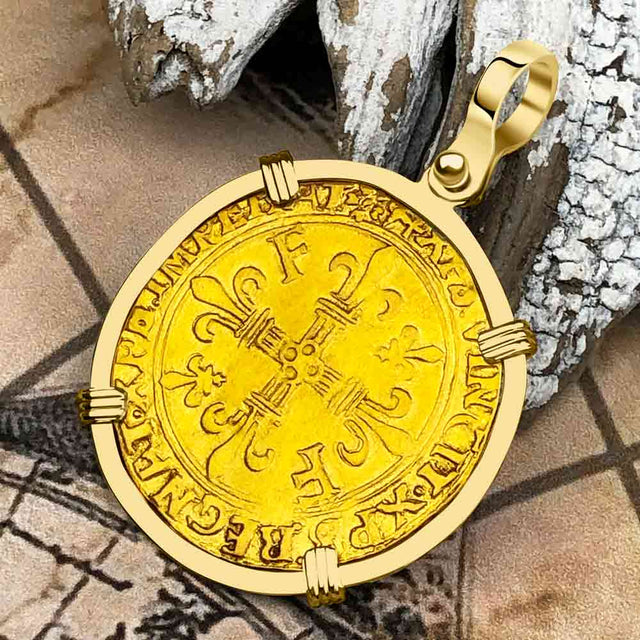 Medieval France Royal 22K Gold Ecu d'or au Soleil Cross Coin Francis I circa 1515 18K Gold Pendant