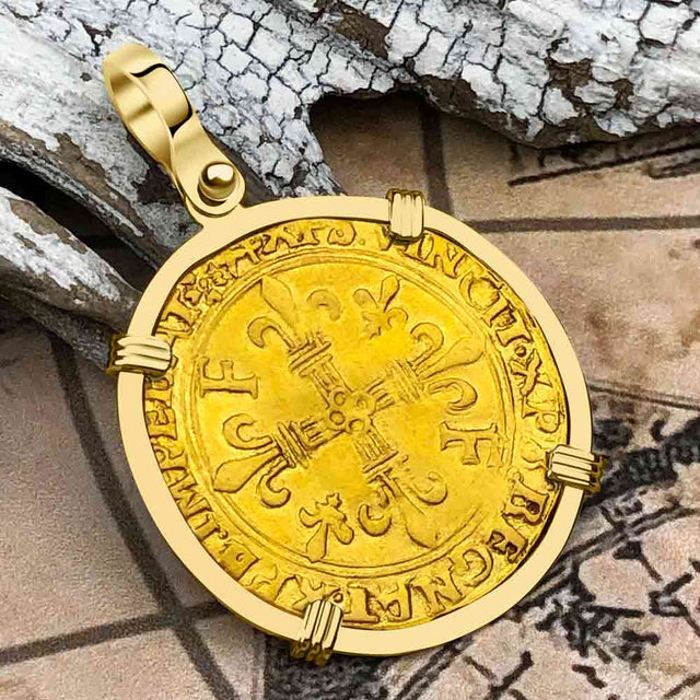Medieval France Royal 22K Gold Ecu d'or au Soleil Cross Coin Francis I circa 1515 18K Gold Pendant