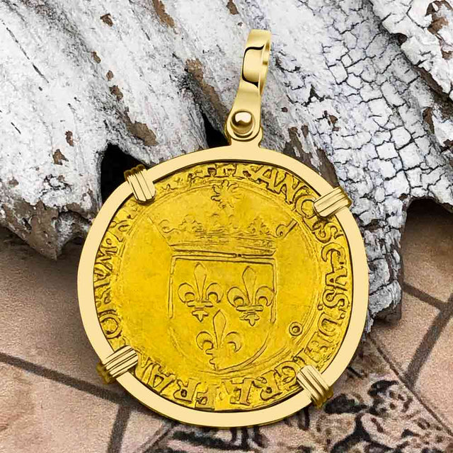 Medieval France Royal 22K Gold Ecu d'or au Soleil Cross Coin Francis I circa 1515 18K Gold Pendant