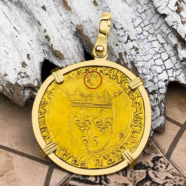 Medieval France Royal 22K Gold Ecu d'or au Soleil Cross Coin Francis I circa 1515 18K Gold Pendant