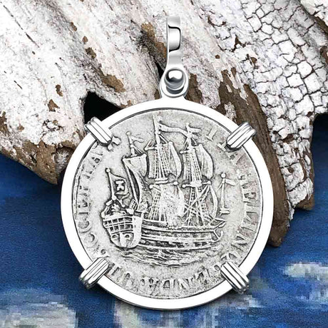 Dutch East India Company 1767 Silver 6 Stuiver Ship Shilling "I Struggle and Survive" Sterling Silver Pendant