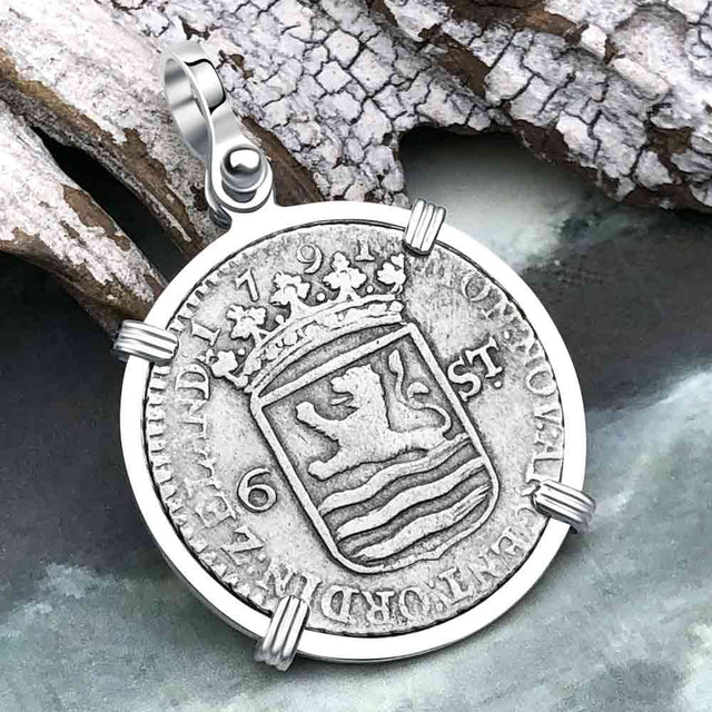 Dutch East India Company 1791 Silver 6 Stuiver Ship Shilling "I Struggle and Survive" Sterling Silver Pendant