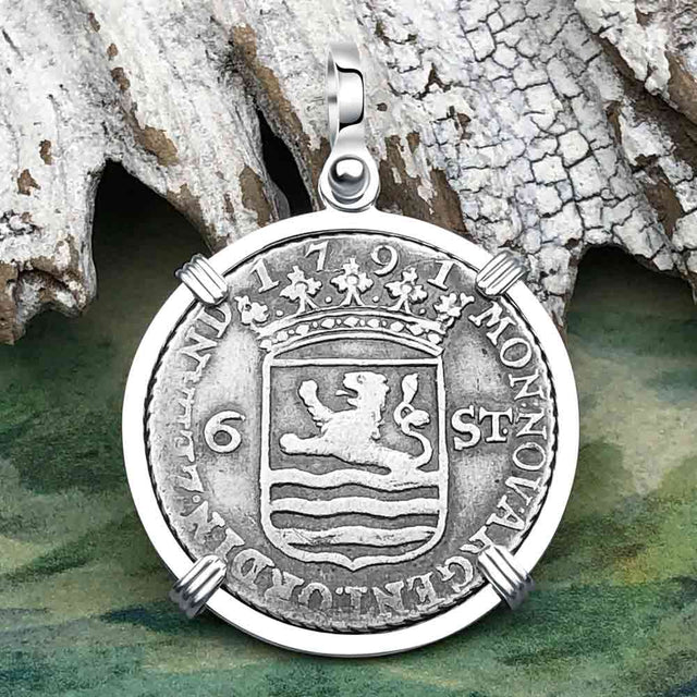 Dutch East India Company 1791 Silver 6 Stuiver Ship Shilling "I Struggle and Survive" Sterling Silver Pendant