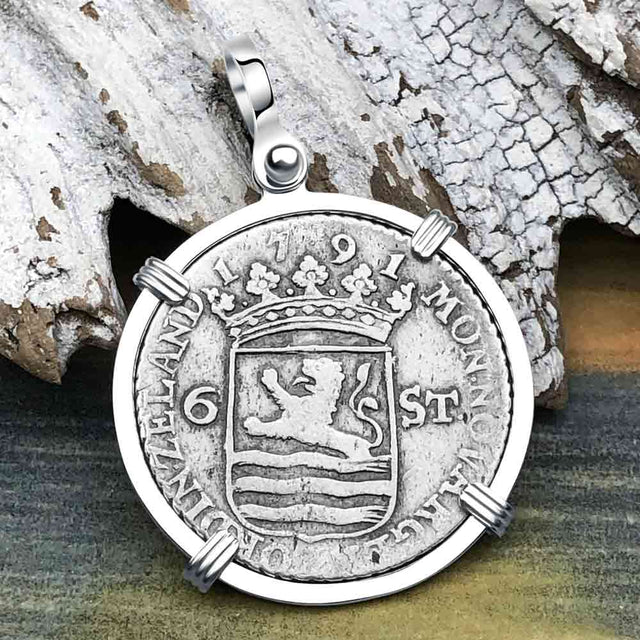 Dutch East India Company 1791 Silver 6 Stuiver Ship Shilling "I Struggle and Survive" Sterling Silver Pendant