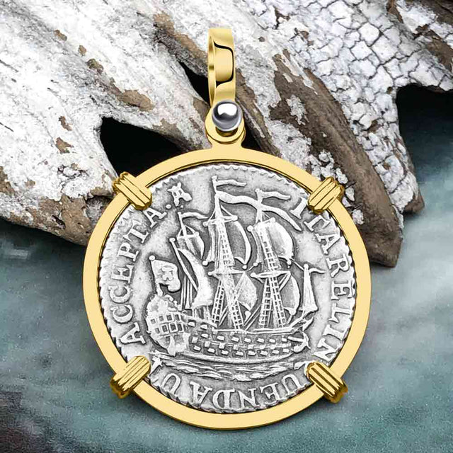 Dutch East India Company 1791 Silver 6 Stuiver Ship Shilling "I Struggle and Survive" 14K Gold Pendant