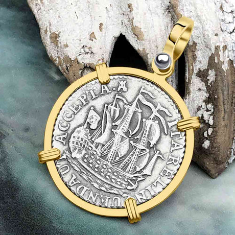 Dutch East India Company 1791 Silver 6 Stuiver Ship Shilling "I Struggle and Survive" 14K Gold Pendant