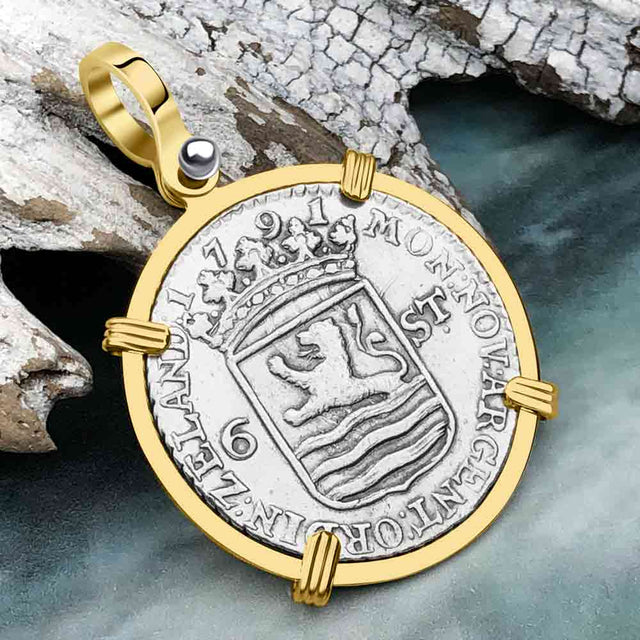 Dutch East India Company 1791 Silver 6 Stuiver Ship Shilling "I Struggle and Survive" 14K Gold Pendant