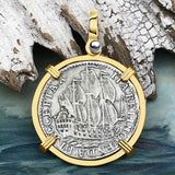 Dutch East India Company 1765 Silver 6 Stuiver Ship Shilling "I Struggle and Survive" 14K Gold Pendant
